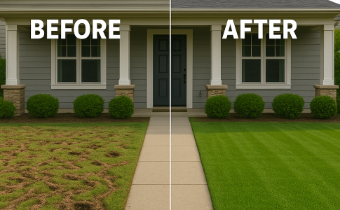 Before and after lawn damage from mole activity
